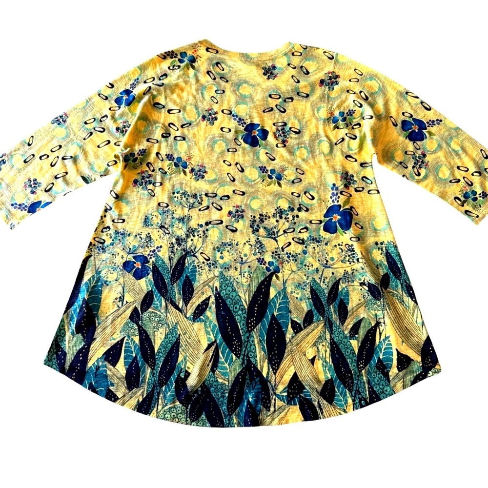 Inoah Women's Yellow Floral Abstract Tunic Knit Top XL Boho Artsy Lagenlook USA